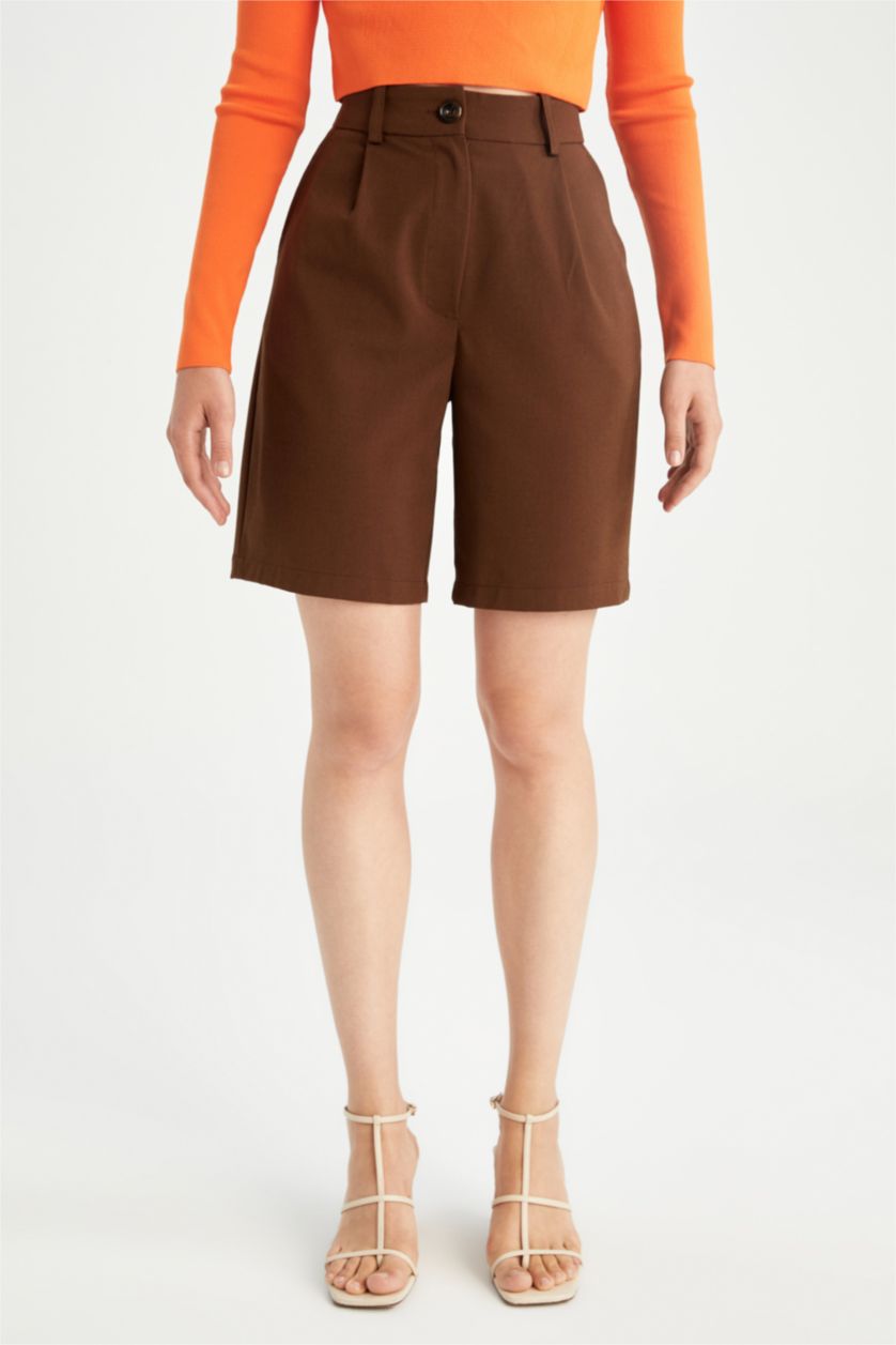 Kadın Açık Kahve Yüksek Bel Bermuda Şort Pantolon