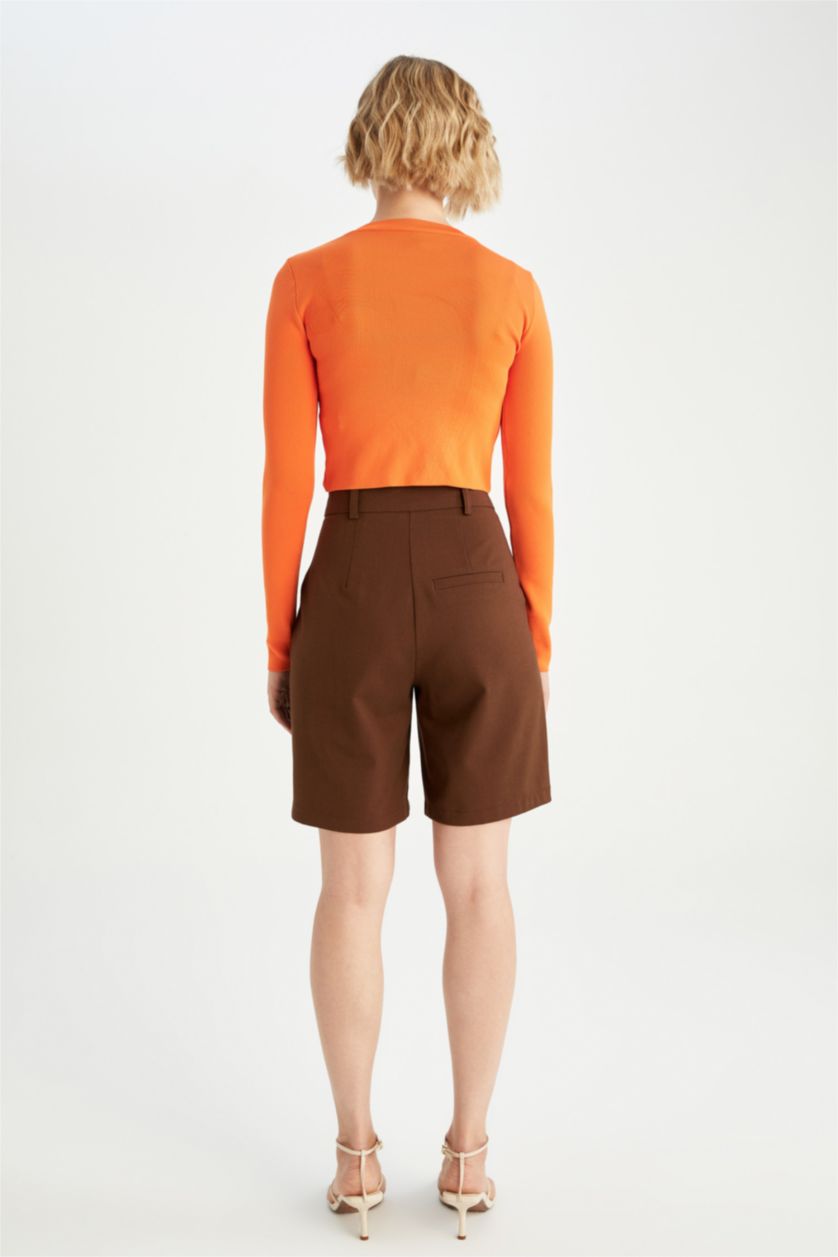 Kadın Açık Kahve Yüksek Bel Bermuda Şort Pantolon