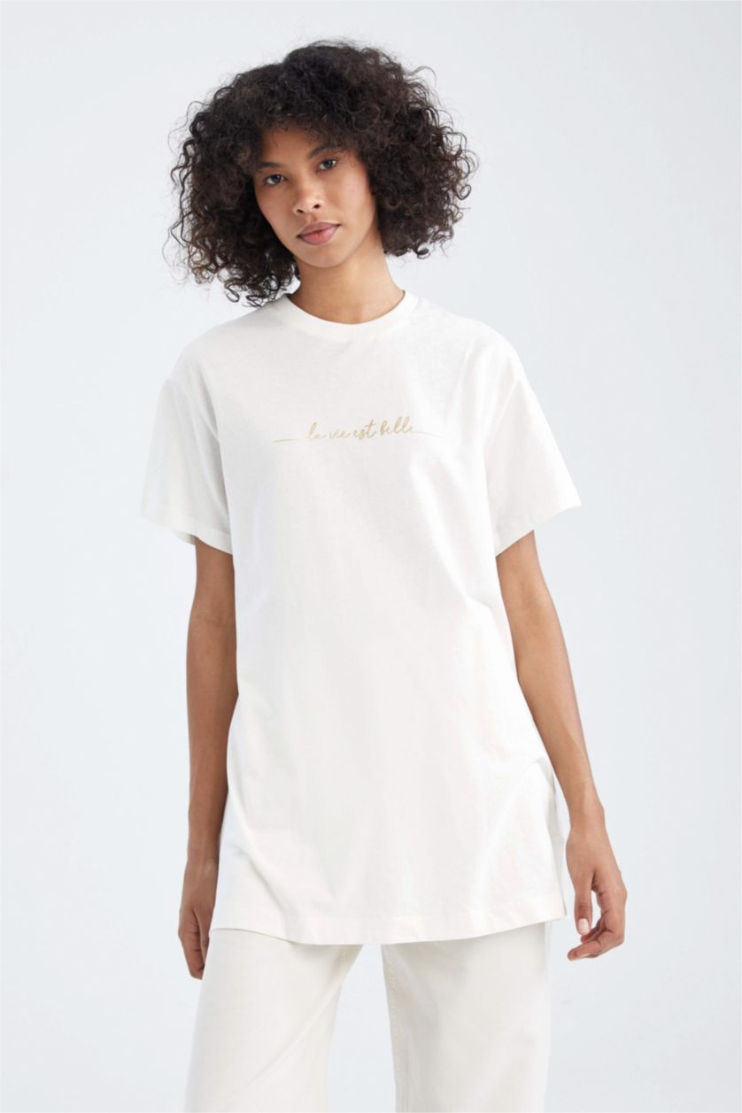 Kadın Ekru Regular Fit Varak Slogan Baskılı %100 Pamuk Tunik
