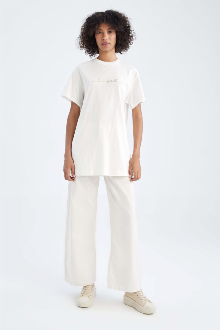 Kadın Ekru Regular Fit Varak Slogan Baskılı %100 Pamuk Tunik