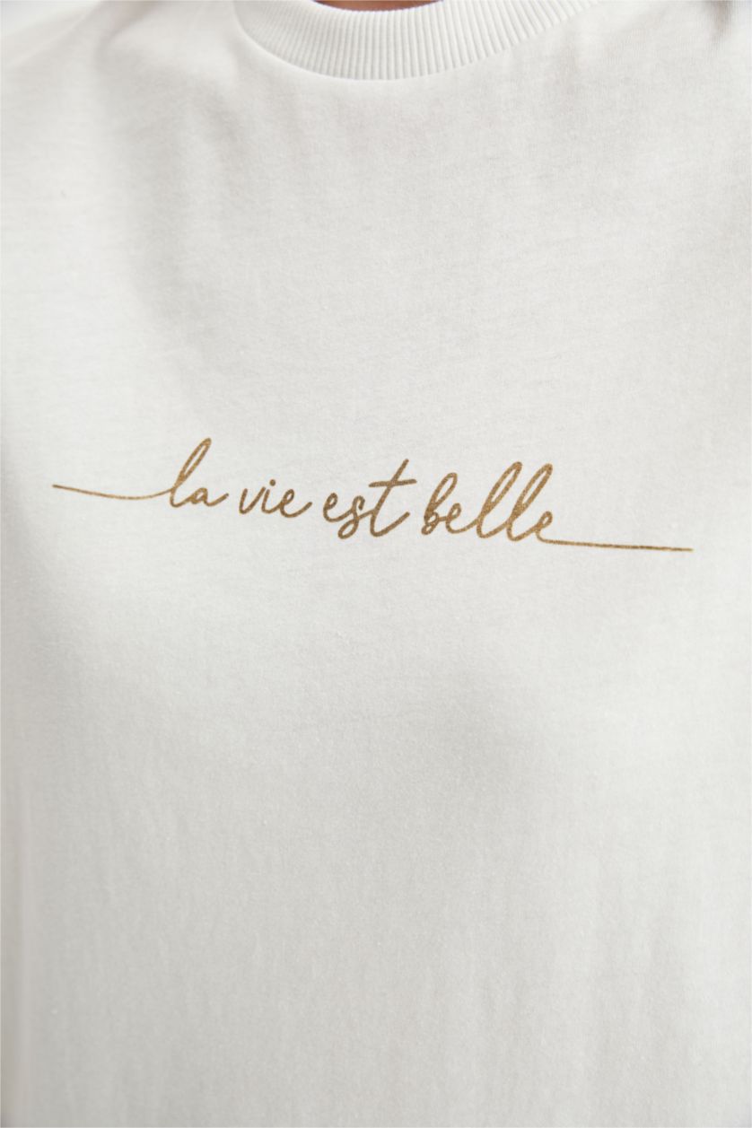 Kadın Ekru Regular Fit Varak Slogan Baskılı %100 Pamuk Tunik