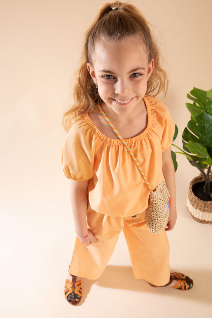 بنات سيموني طقم  بناتي بلوزة بقصة مريحة بأكمام قصيرة وبنطلون واسع الساق من الكتان