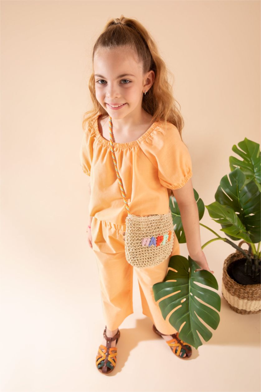 بنات سيموني طقم  بناتي بلوزة بقصة مريحة بأكمام قصيرة وبنطلون واسع الساق من الكتان