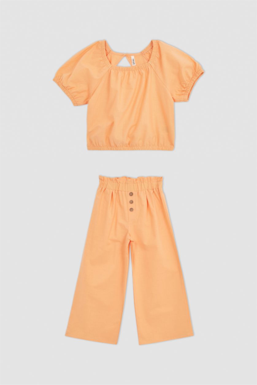 بنات سيموني طقم  بناتي بلوزة بقصة مريحة بأكمام قصيرة وبنطلون واسع الساق من الكتان