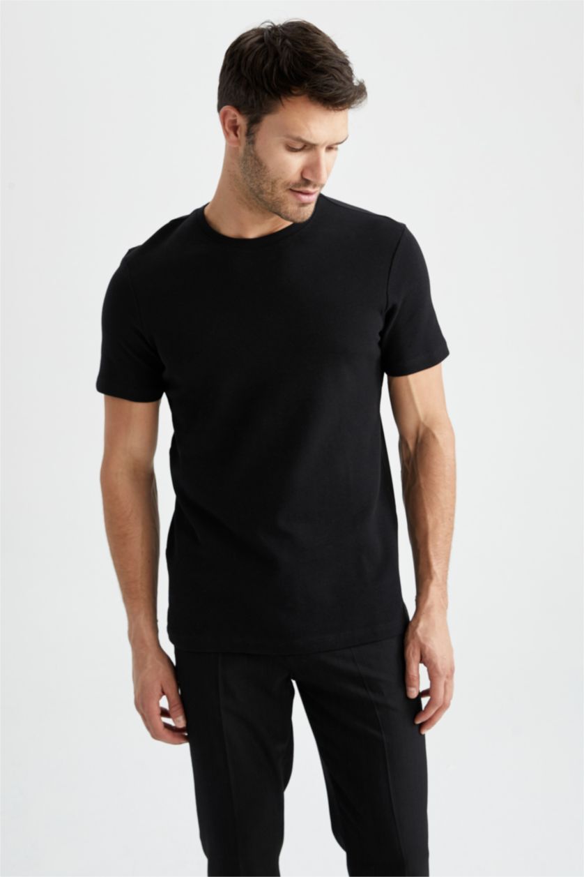 رجال أسود تيشيرت نص كم مودرن فيت بياقة مستديرة