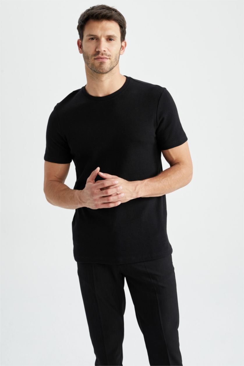 رجال أسود تيشيرت نص كم مودرن فيت بياقة مستديرة