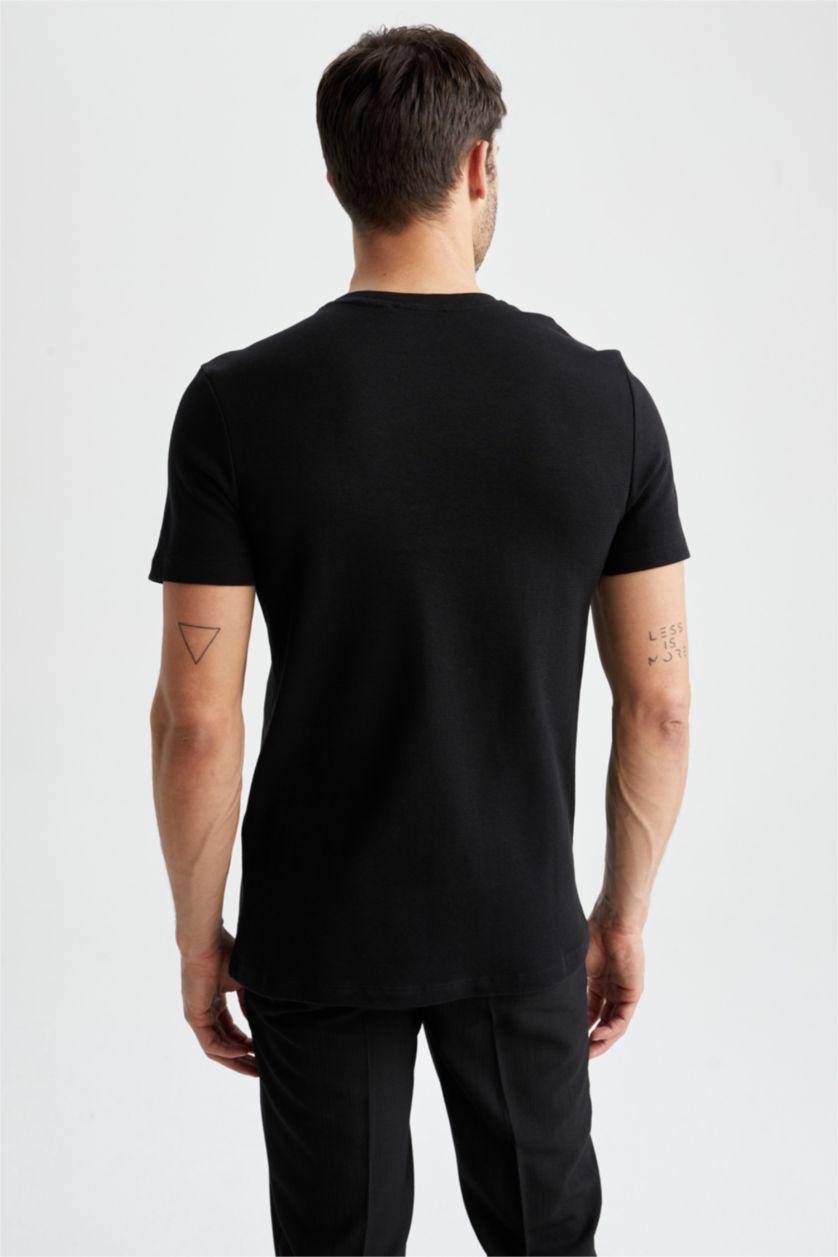 رجال أسود تيشيرت نص كم مودرن فيت بياقة مستديرة