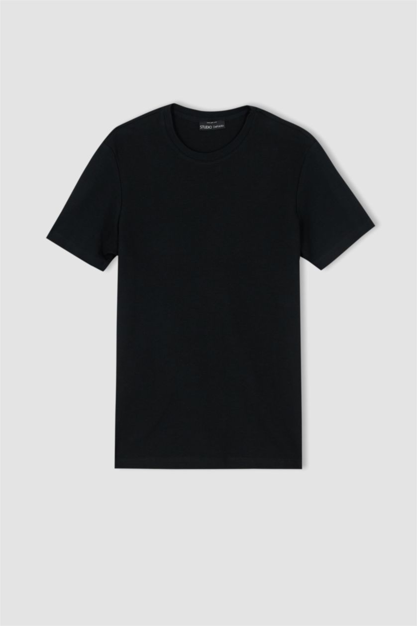 رجال أسود تيشيرت نص كم مودرن فيت بياقة مستديرة