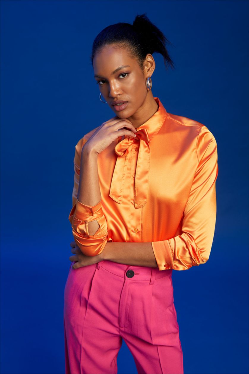 WOMAN Orange Regular Fit Long Sleeve Satin Shirt