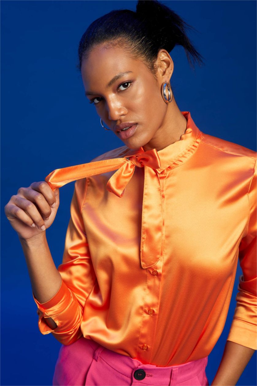 WOMAN Orange Regular Fit Long Sleeve Satin Shirt