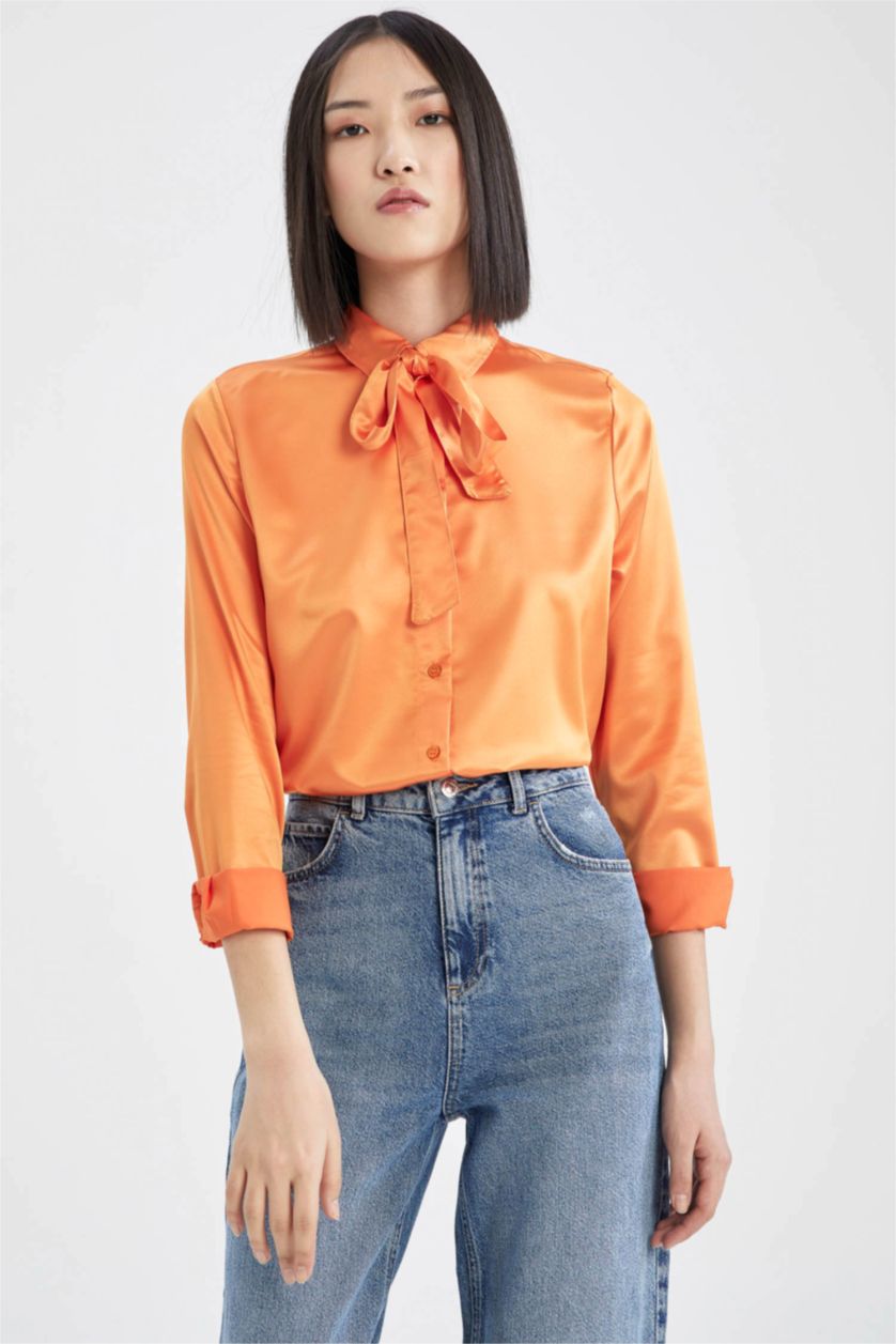 WOMAN Orange Regular Fit Long Sleeve Satin Shirt