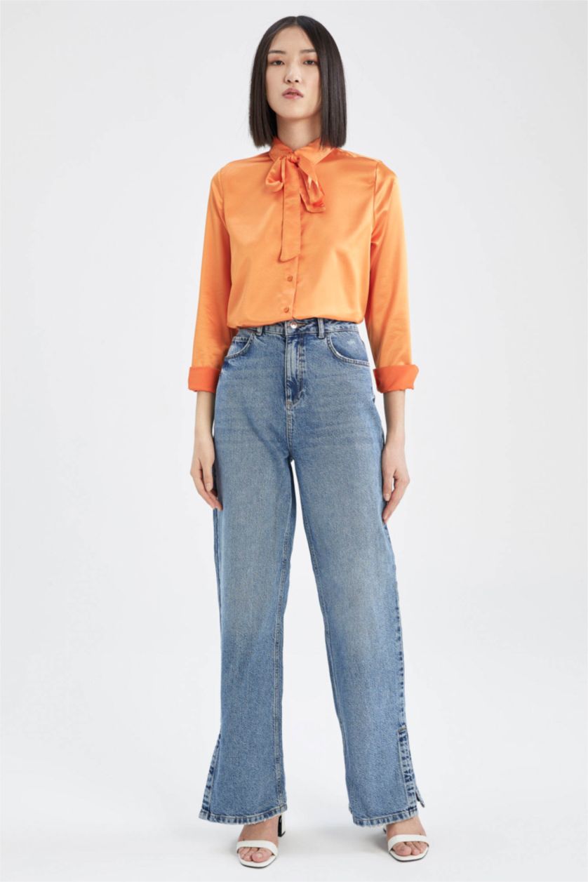 WOMAN Orange Regular Fit Long Sleeve Satin Shirt