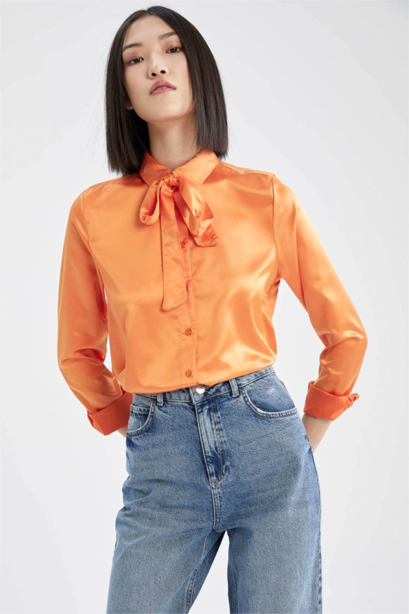 WOMAN Orange Regular Fit Long Sleeve Satin Shirt