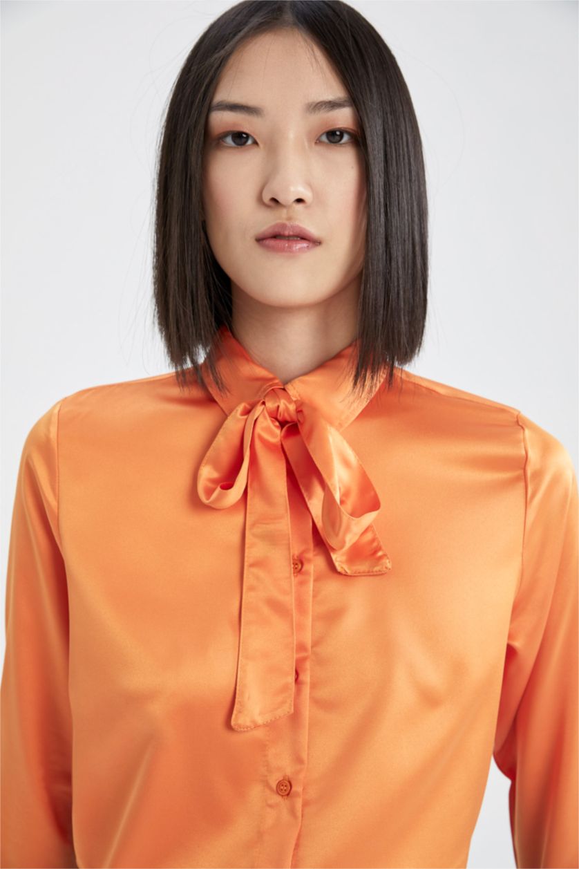 WOMAN Orange Regular Fit Long Sleeve Satin Shirt