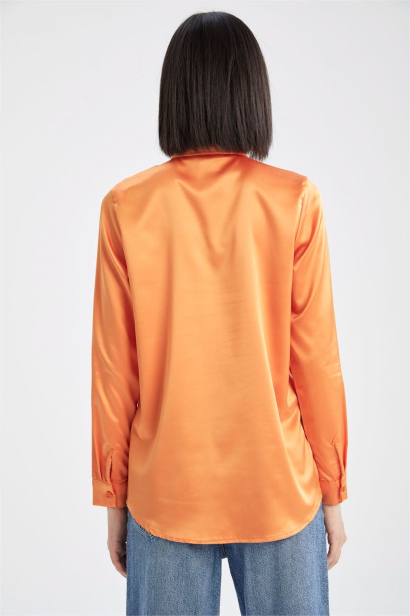 WOMAN Orange Regular Fit Long Sleeve Satin Shirt