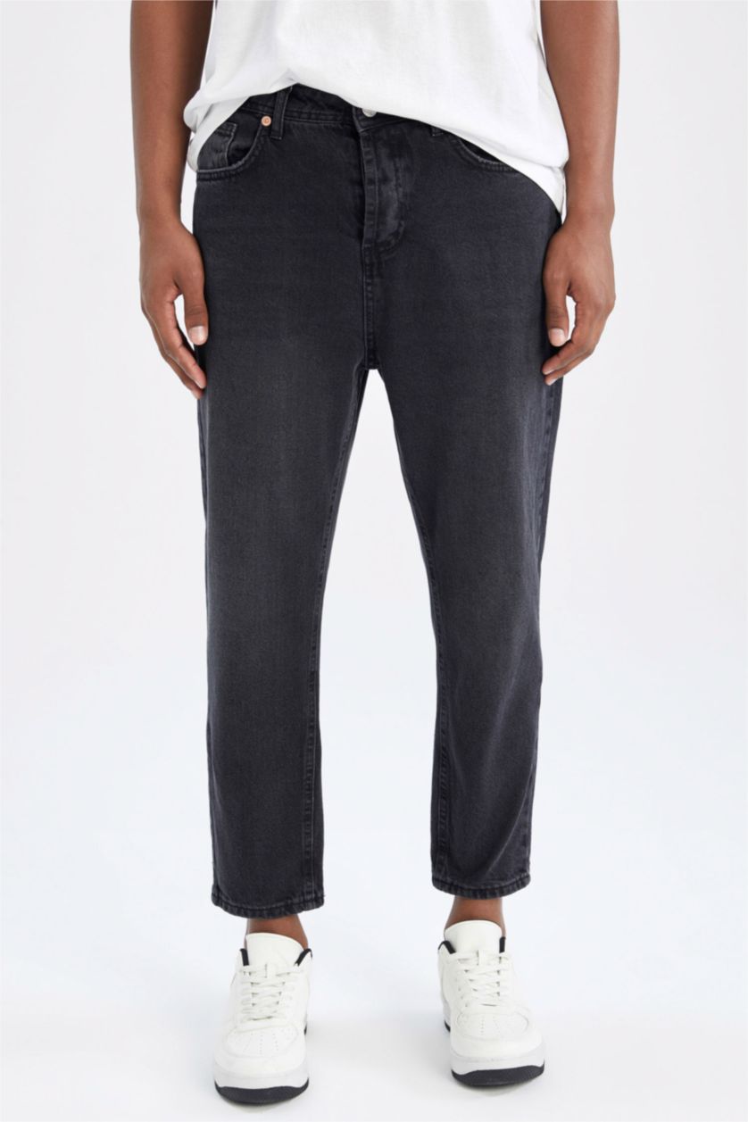 Erkek Siyah Loose Fit Bol Kalıp Yüksek Bel Dar Paça Jean Pantolon