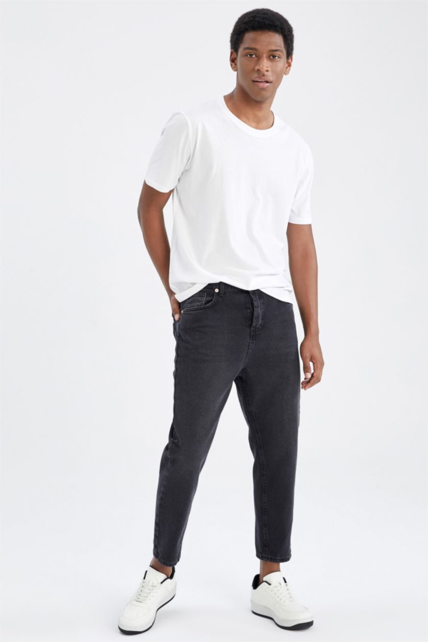 Erkek Siyah Loose Fit Bol Kalıp Yüksek Bel Dar Paça Jean Pantolon