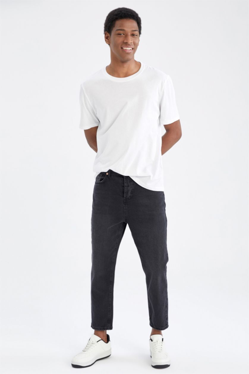 Erkek Siyah Loose Fit Bol Kalıp Yüksek Bel Dar Paça Jean Pantolon