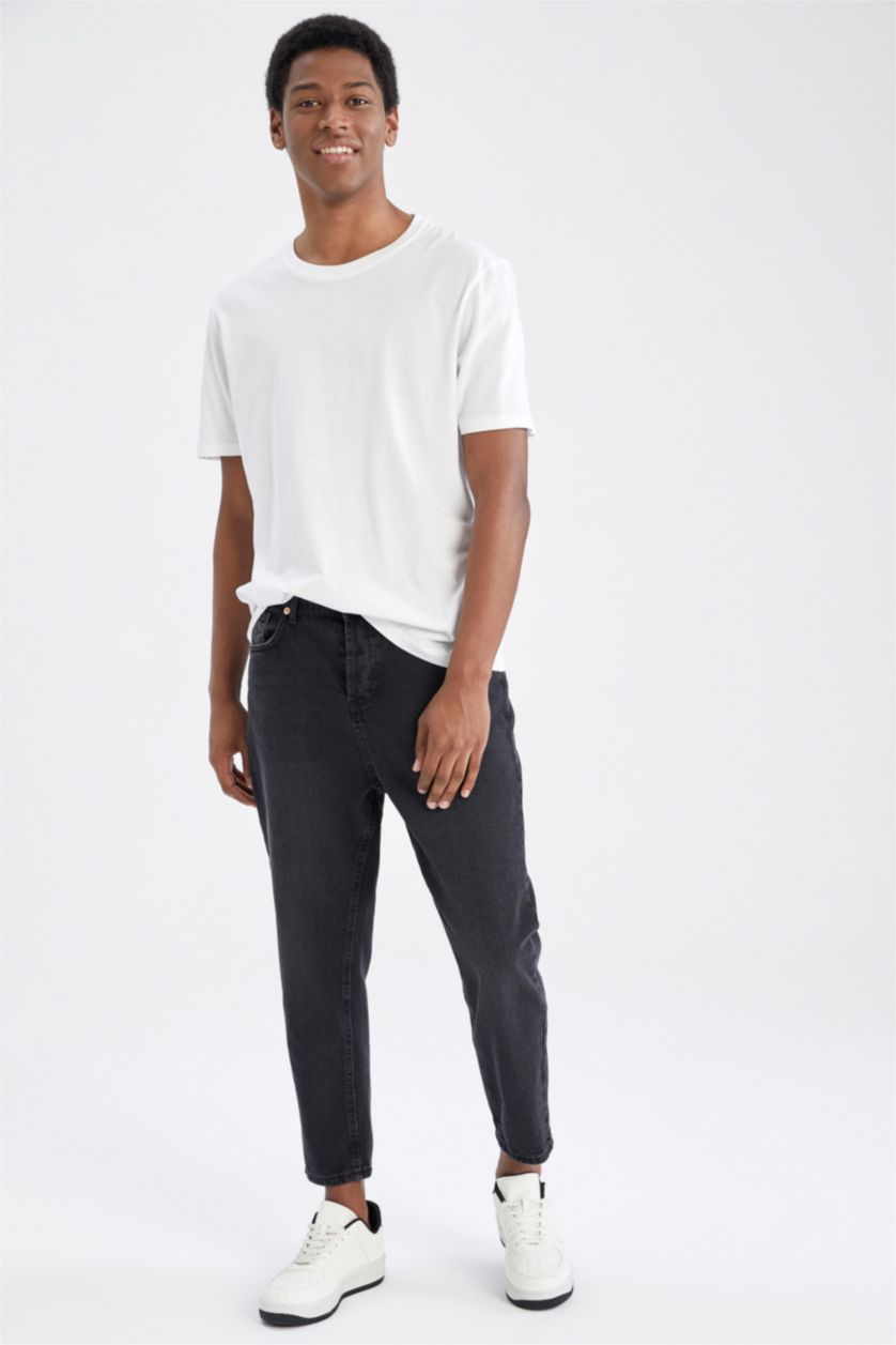 Erkek Siyah Loose Fit Bol Kalıp Yüksek Bel Dar Paça Jean Pantolon