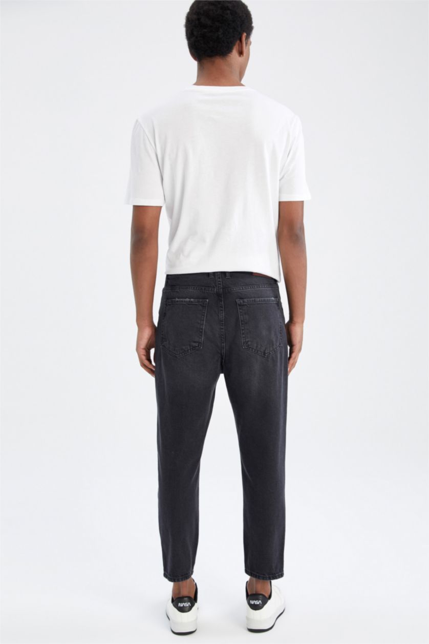 Erkek Siyah Loose Fit Bol Kalıp Yüksek Bel Dar Paça Jean Pantolon