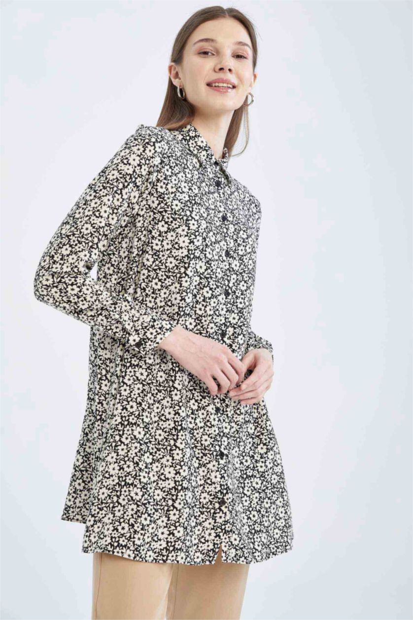 FEMME Noir Tunique chemise à manches longues à motif floral coupe classique