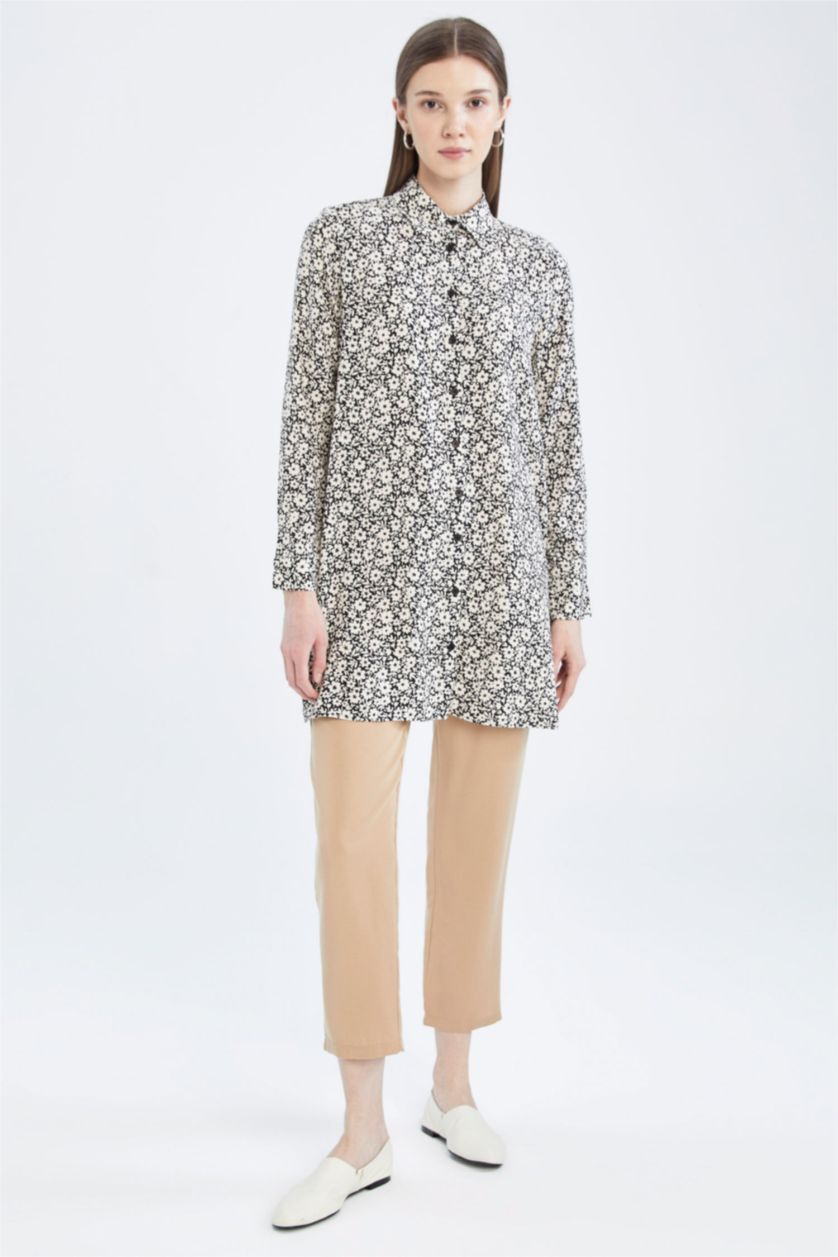 FEMME Noir Tunique chemise à manches longues à motif floral coupe classique