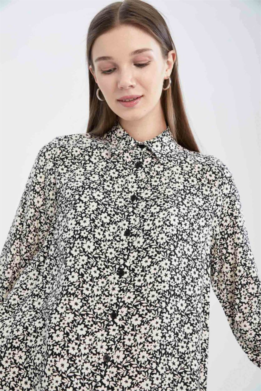 FEMME Noir Tunique chemise à manches longues à motif floral coupe classique