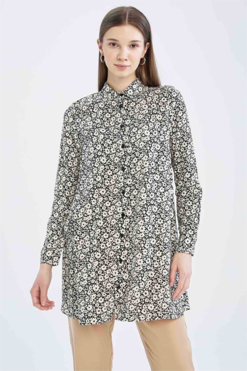FEMME Noir Tunique chemise à manches longues à motif floral coupe classique