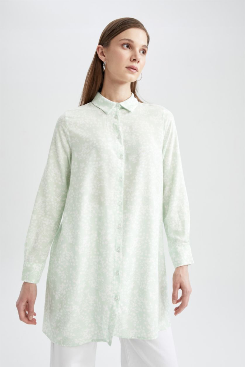 FEMME Bleu Tunique-chemise à manches longues à fleurs coupe classique