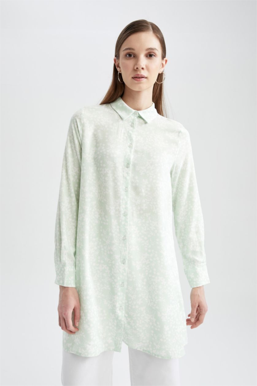 FEMME Bleu Tunique-chemise à manches longues à fleurs coupe classique