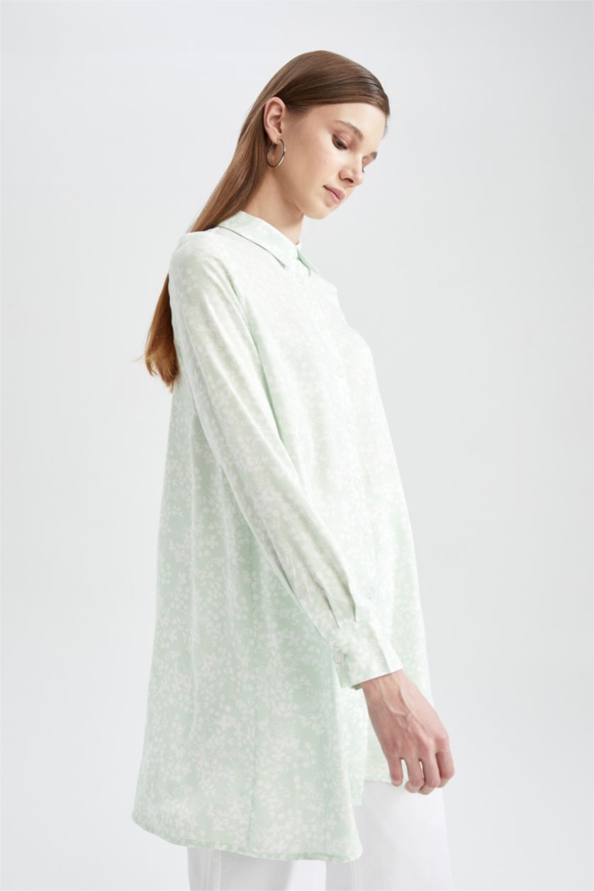 FEMME Bleu Tunique-chemise à manches longues à fleurs coupe classique