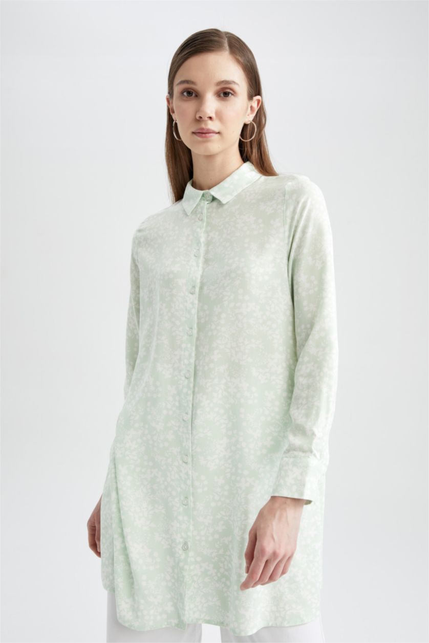 FEMME Bleu Tunique-chemise à manches longues à fleurs coupe classique