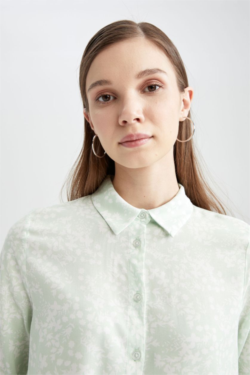 FEMME Bleu Tunique-chemise à manches longues à fleurs coupe classique