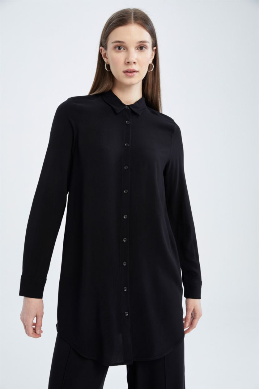 Kadın Siyah Regular Fıt Uzun Kollu Tunik