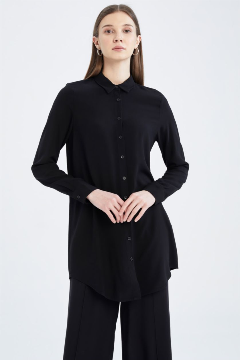 Kadın Siyah Regular Fıt Uzun Kollu Tunik