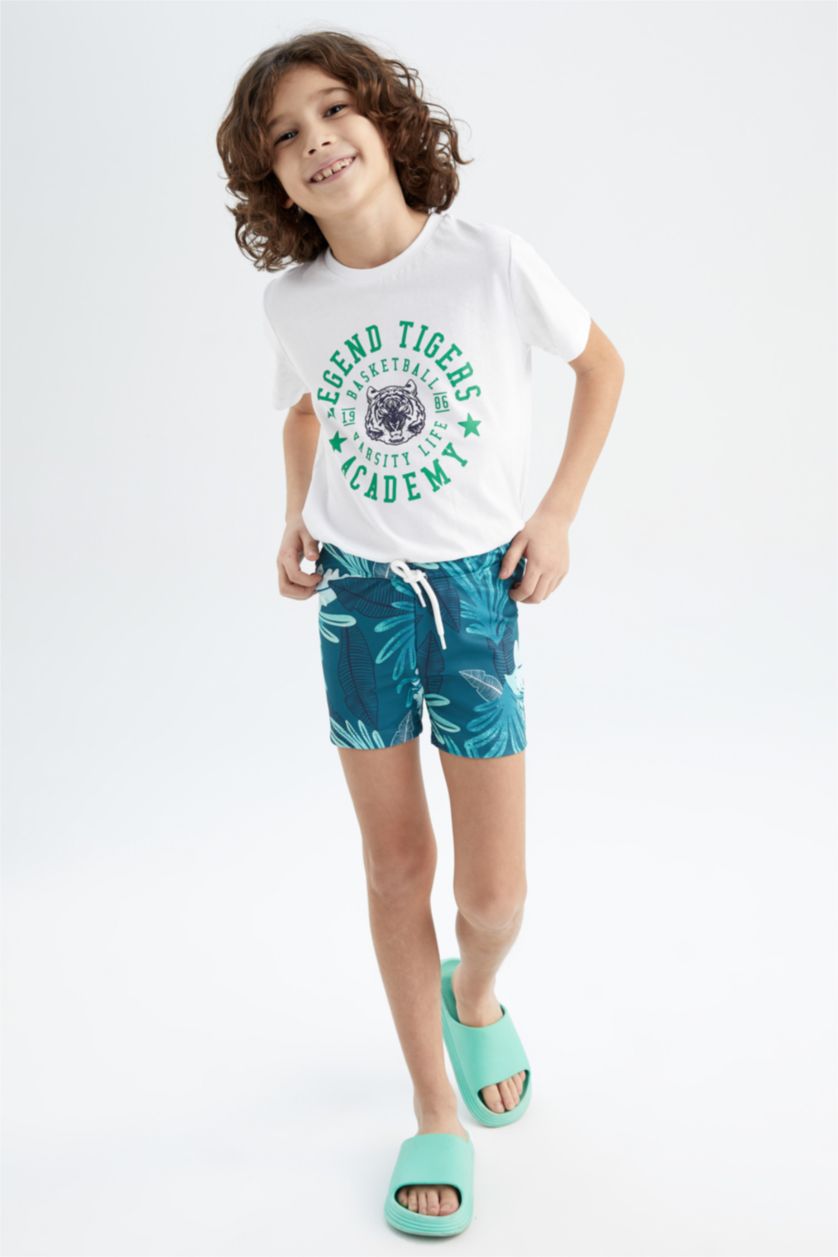 Boys & Teens Dark Green Boy Palm Print Mini Swimming Short