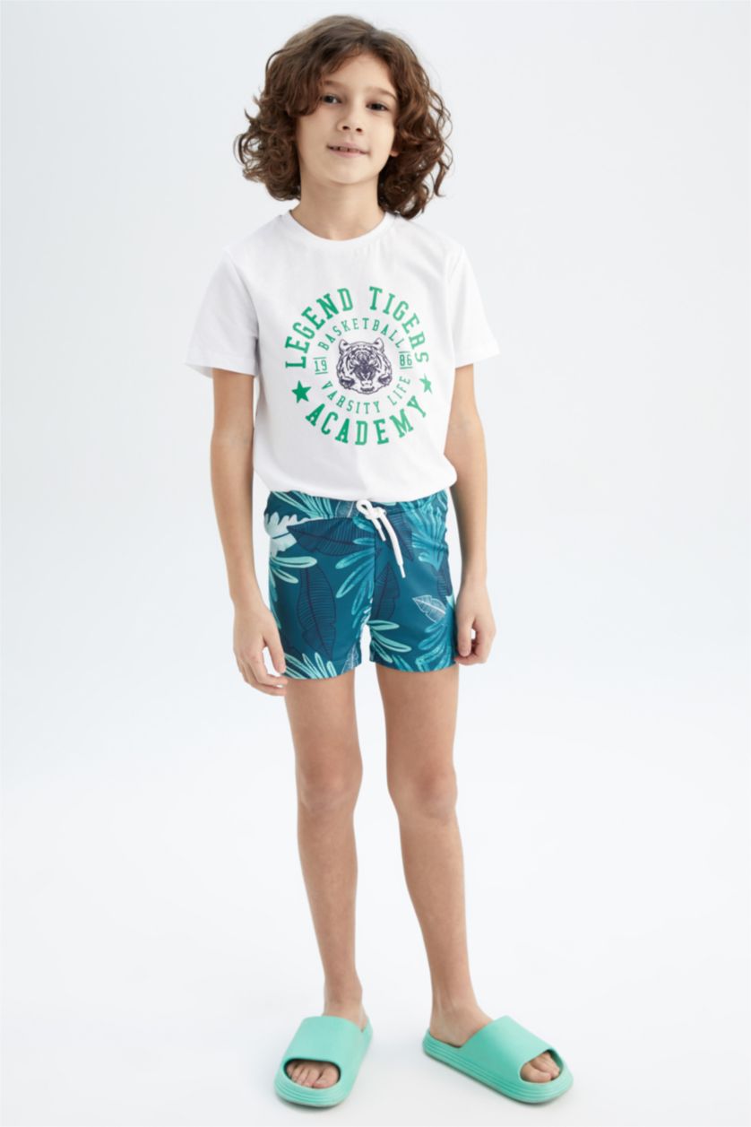 Boys & Teens Dark Green Boy Palm Print Mini Swimming Short
