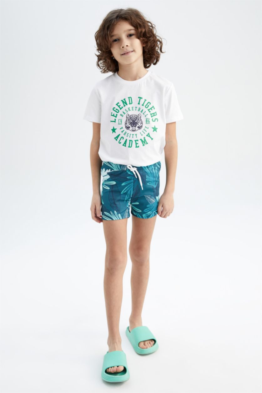 Boys & Teens Dark Green Boy Palm Print Mini Swimming Short