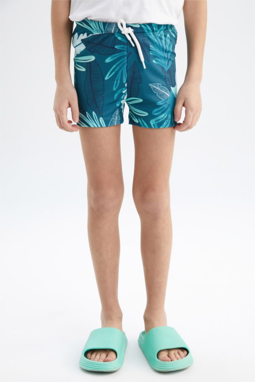 Boys & Teens Dark Green Boy Palm Print Mini Swimming Short