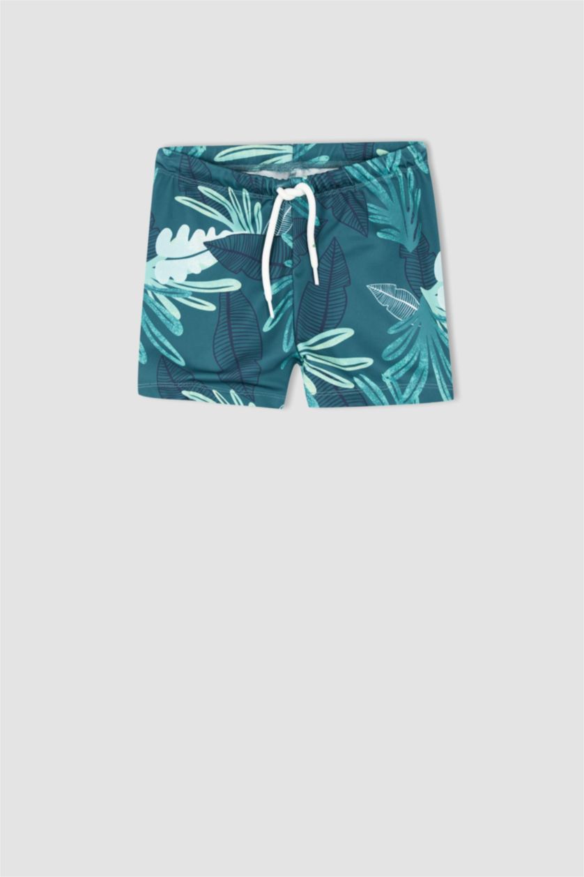 Boys & Teens Dark Green Boy Palm Print Mini Swimming Short
