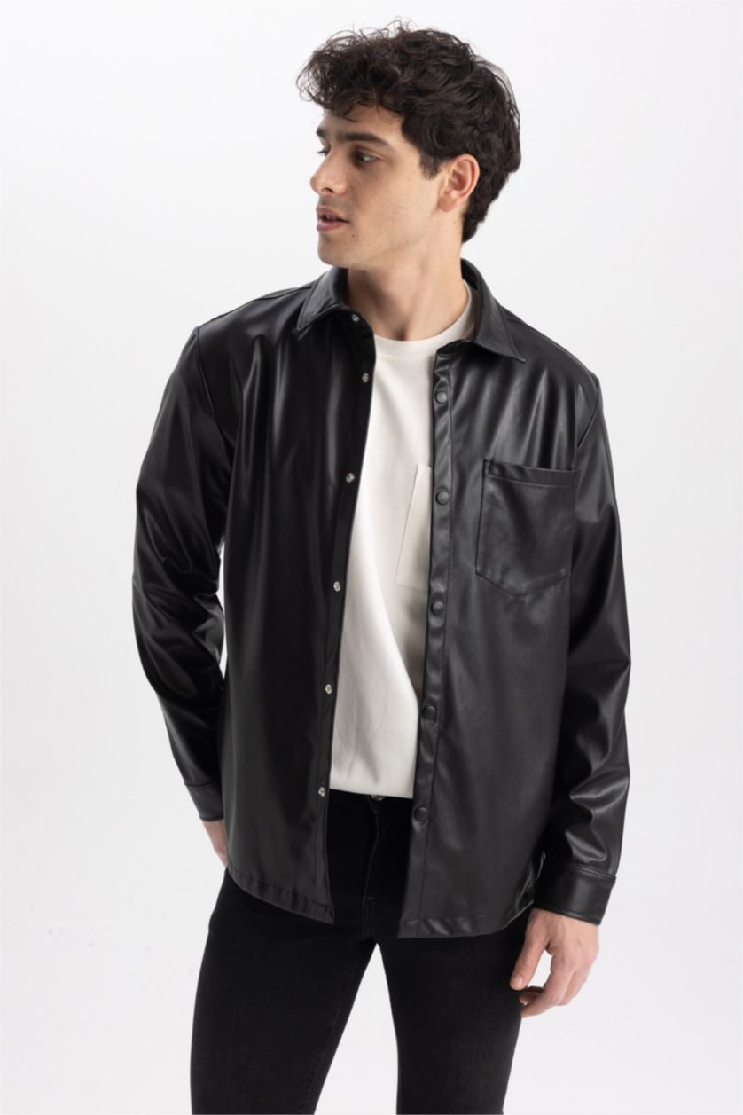 رجال أسود جاكيت قميص جلد صناعي قصة عادية كم طويل