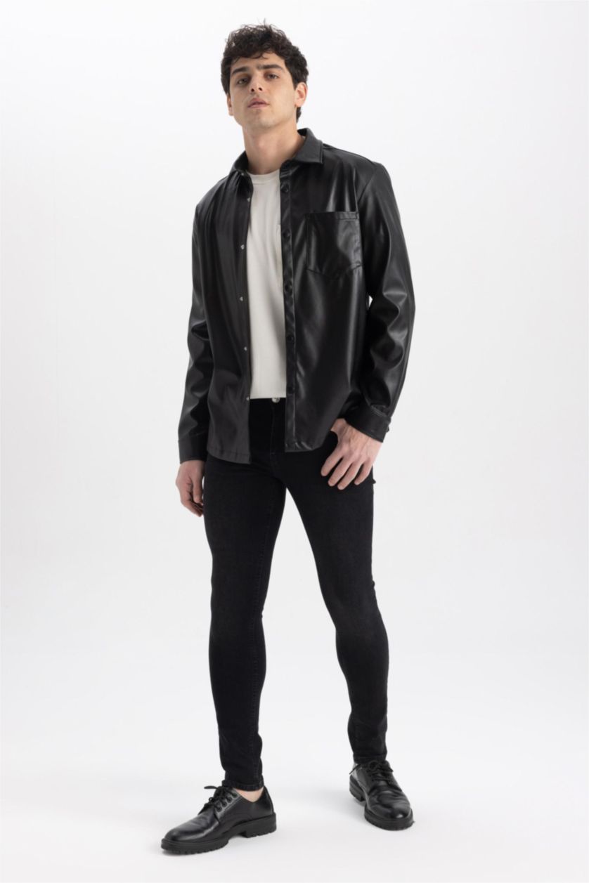 رجال أسود جاكيت قميص جلد صناعي قصة عادية كم طويل