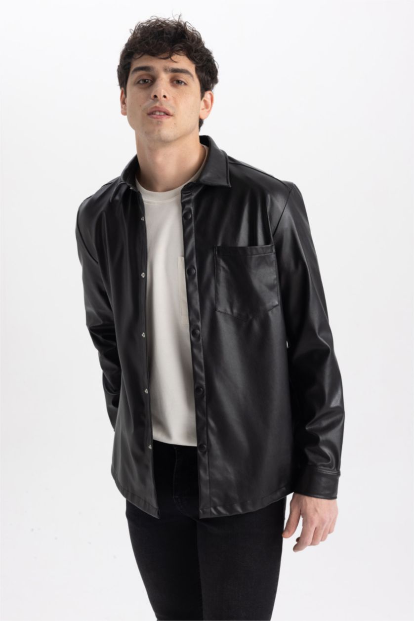 رجال أسود جاكيت قميص جلد صناعي قصة عادية كم طويل