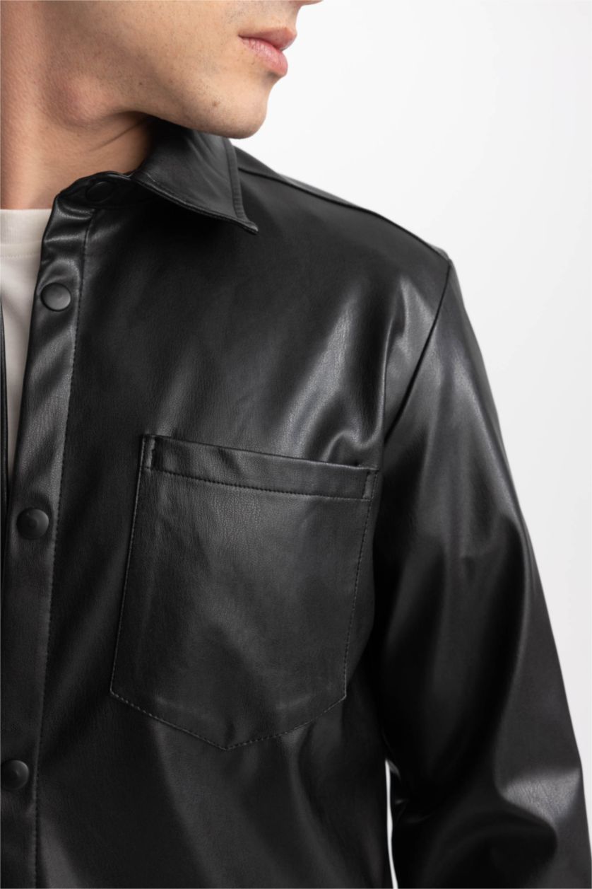 رجال أسود جاكيت قميص جلد صناعي قصة عادية كم طويل