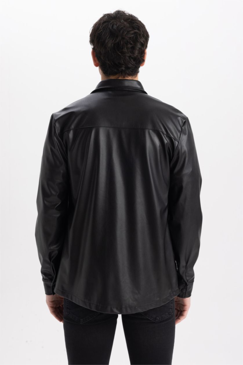 رجال أسود جاكيت قميص جلد صناعي قصة عادية كم طويل