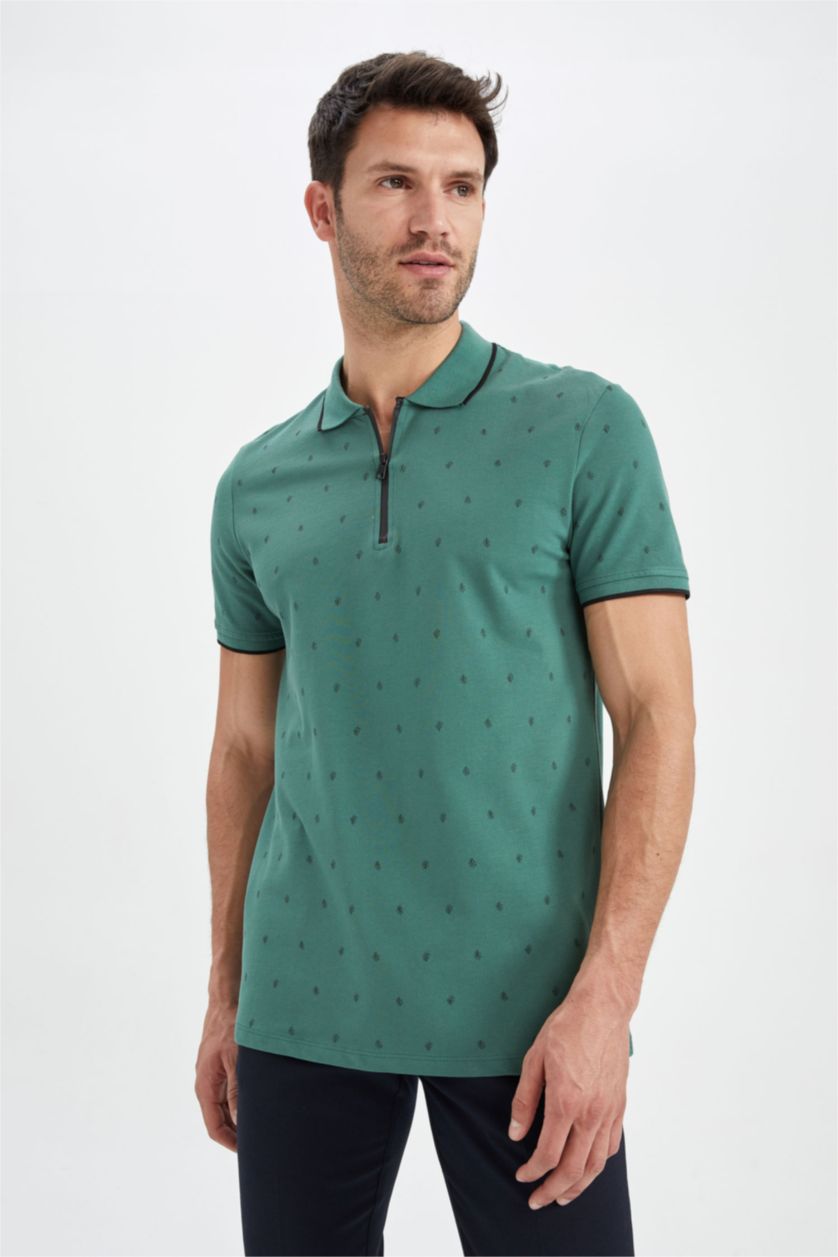 HOMME Vert T-shirt à manches courtes et col polo zippé coupe slim