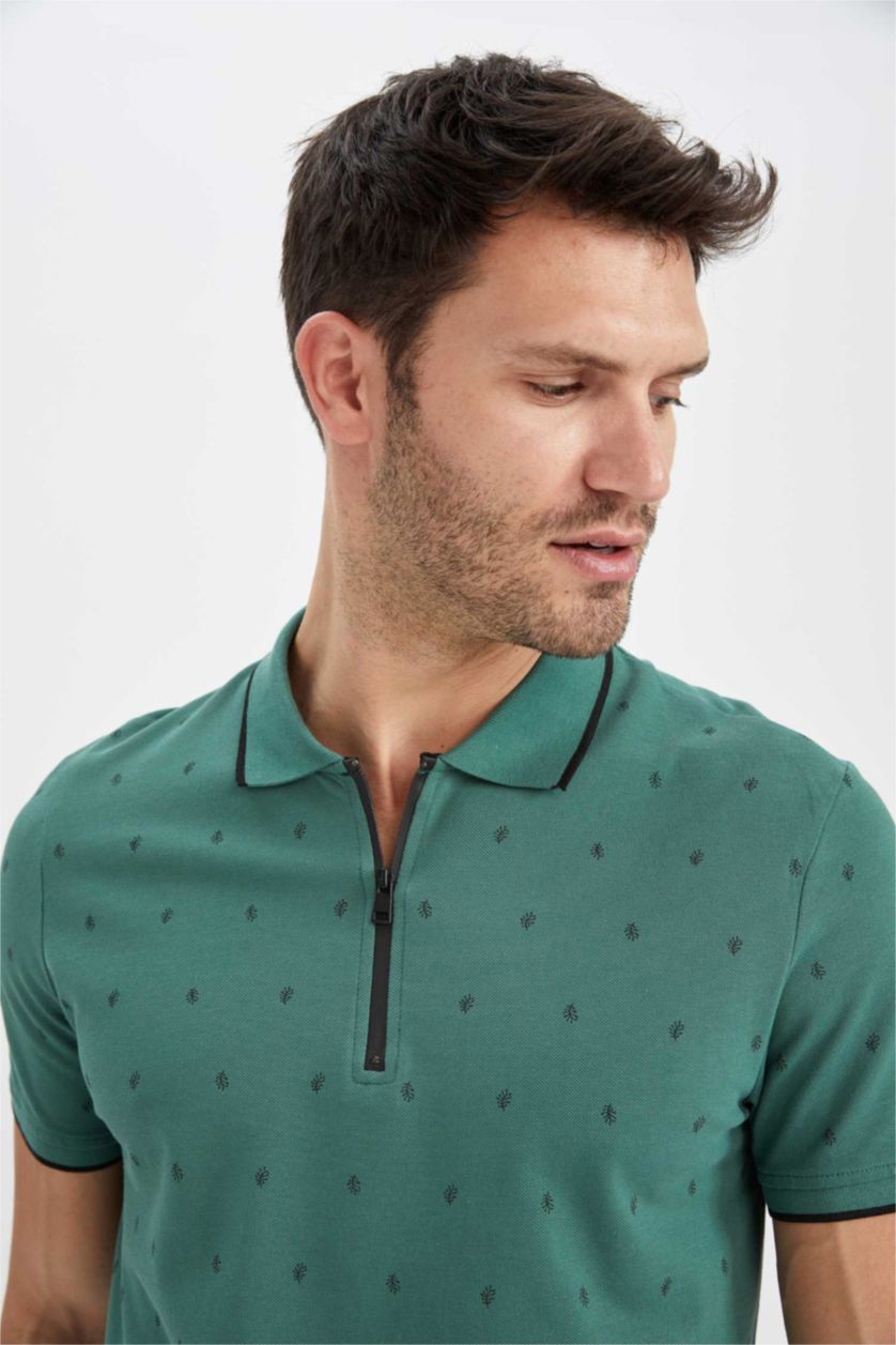 HOMME Vert T-shirt à manches courtes et col polo zippé coupe slim