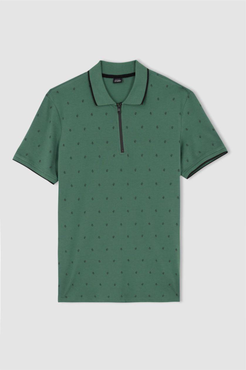 HOMME Vert T-shirt à manches courtes et col polo zippé coupe slim