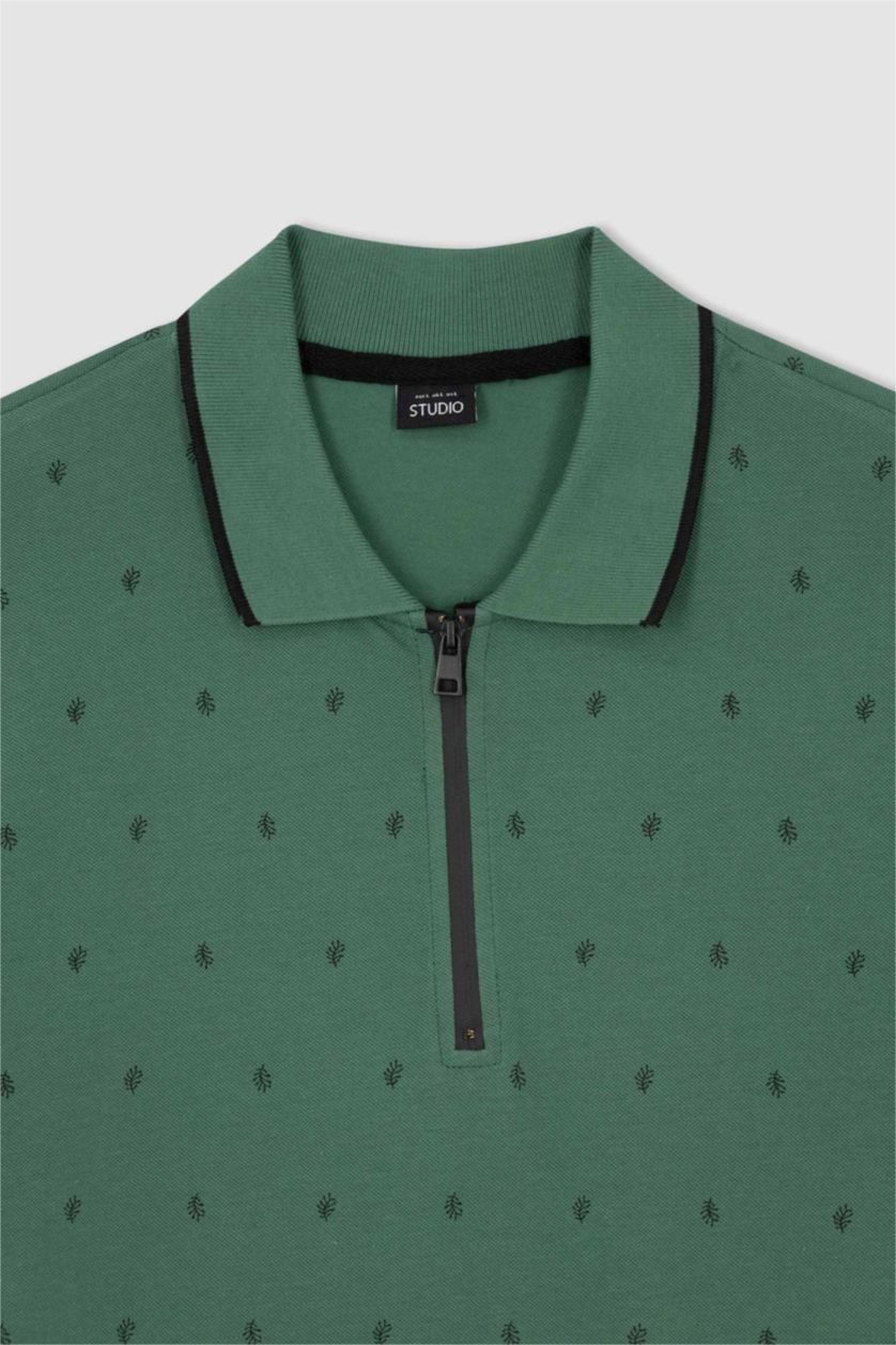 HOMME Vert T-shirt à manches courtes et col polo zippé coupe slim