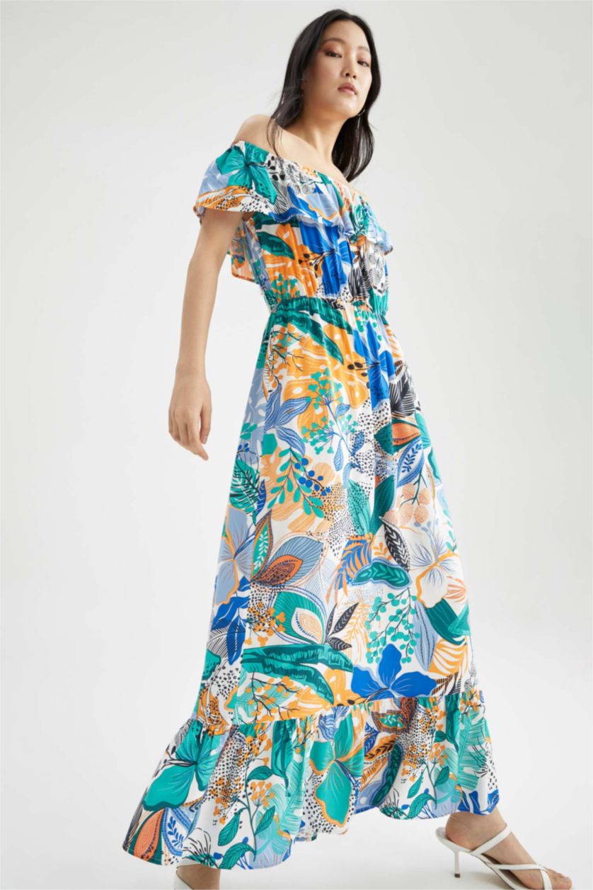 نساء أزرق فاتح فستان فيسكوز طويل بنقشة الزهور مع أكتاف مفتوحة